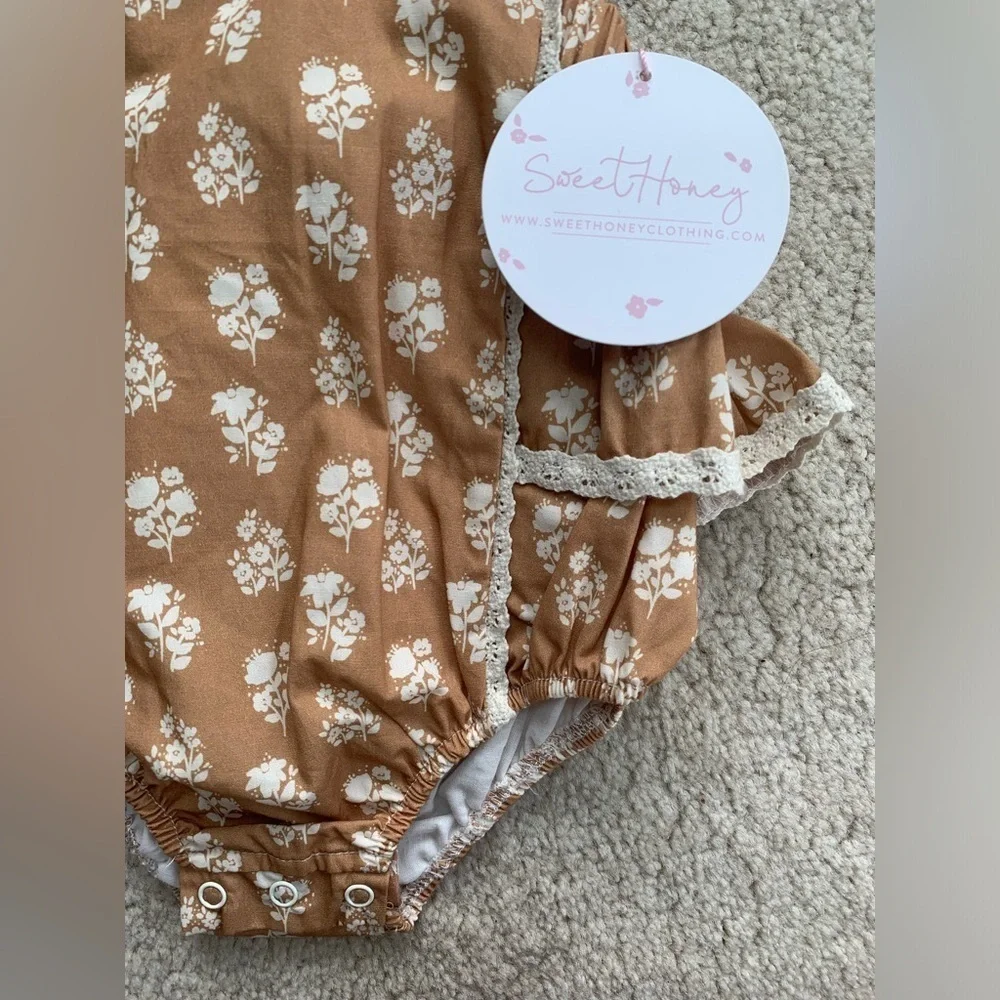 SweetHoney NWT Size 2T Bubble Romper on Mustard Floral
